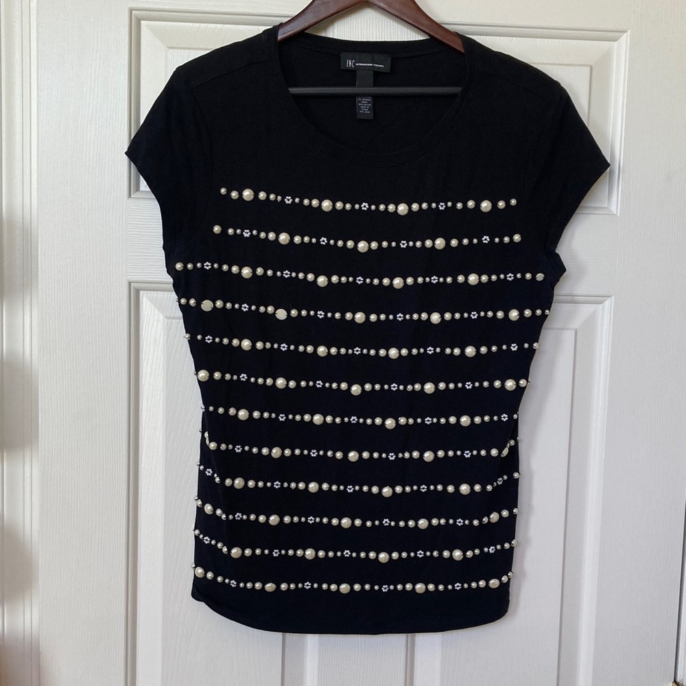 INC International Concepts Black Top with Pearl Accents